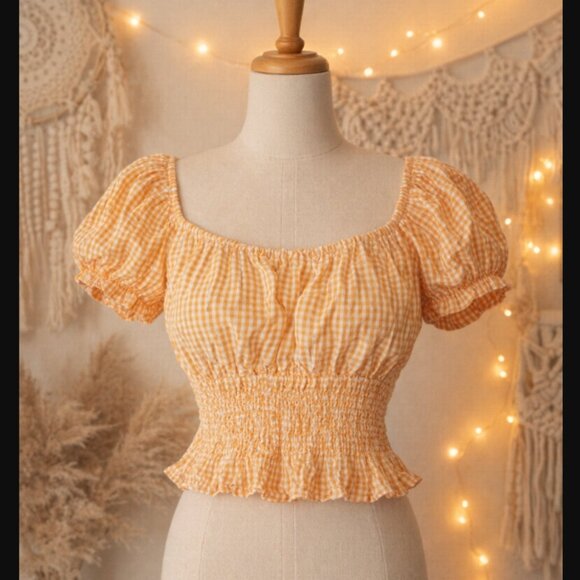 Sim & Sam Tops - Sim & Sam Orange Gingham Peasant Crop Top S Milkmaid Cottagecore Lace-Up Back